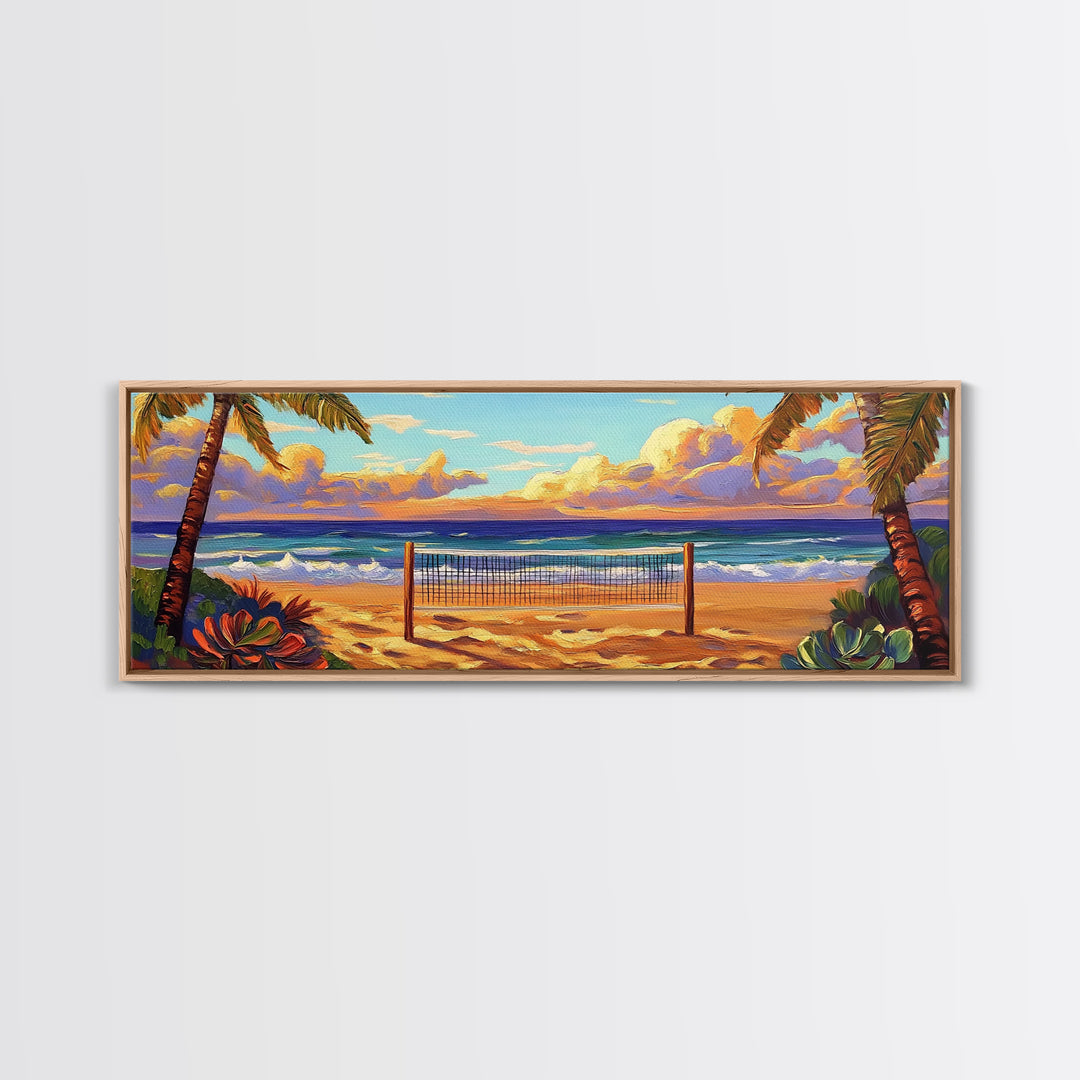 Beach Sunset, Palm Trees, Volleyball Net, Tropical Decor, Framed Canvas Print, Coastal Wall Art, Boho Beach Vibes, Game Room Art