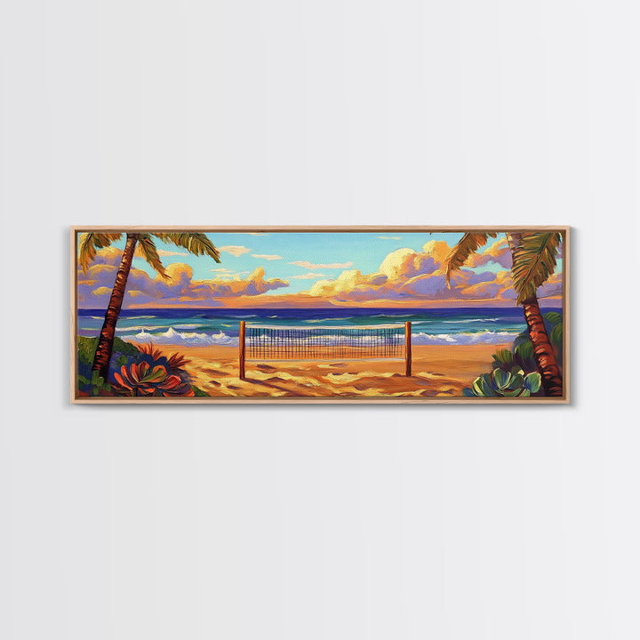 Beach Sunset, Palm Trees, Volleyball Net, Tropical Decor, Framed Canvas Print, Coastal Wall Art, Boho Beach Vibes, Game Room Art