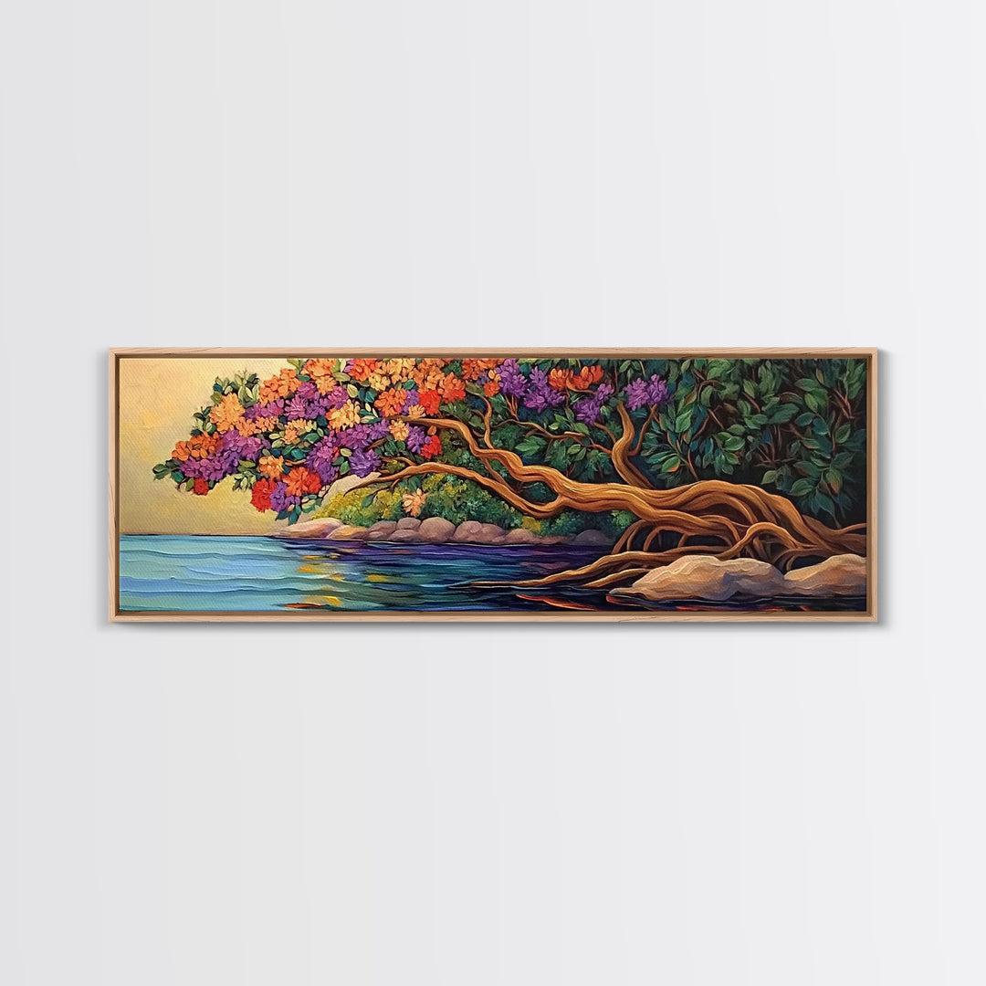 Blooming Tree, Ocean Shore, Tranquil Scene, Curved Branches, Framed Canvas Print, bedroom art, whimsical landscape, botanical wall piece
