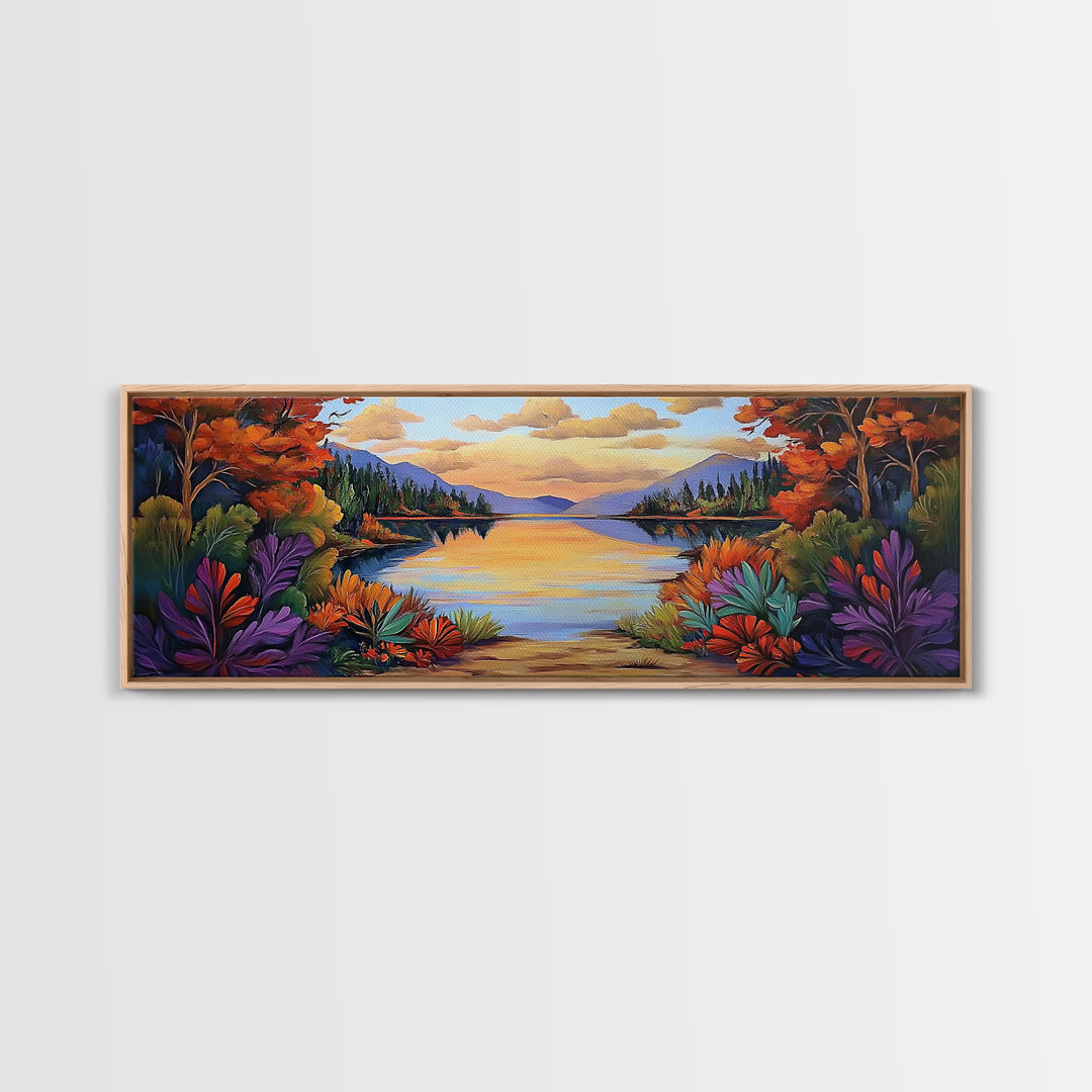 Autumn Lake Reflection, Tranquil Nature Painting, Fall Forest Sunset, Framed Canvas Print, Cozy Living Room or Cabin Wall Decor