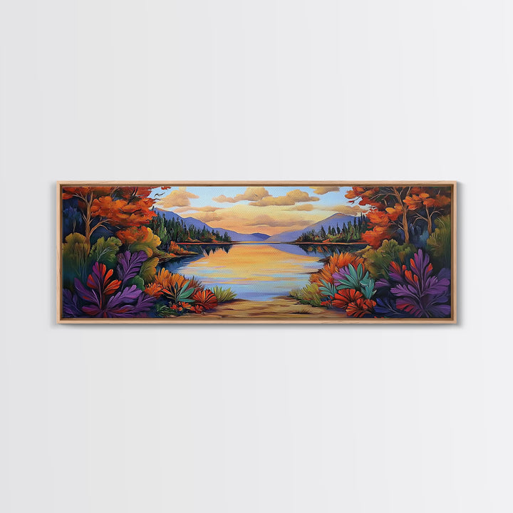 Autumn Lake Reflection, Tranquil Nature Painting, Fall Forest Sunset, Framed Canvas Print, Cozy Living Room or Cabin Wall Decor