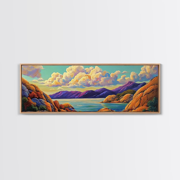 Rocky Coast View, Cloudy Sky Seascape, Peaceful Nature Art, Framed Canvas Print, Beach House Decor, Coastal Bedroom Wall Art