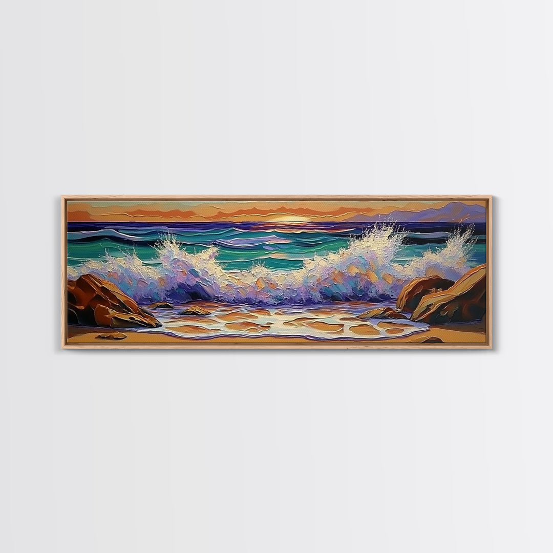 Crashing Waves Sunset, Seaside Landscape Art, Modern Beach Wall Decor, Living Room Accent, Framed Canvas Print, Coastal Vibes