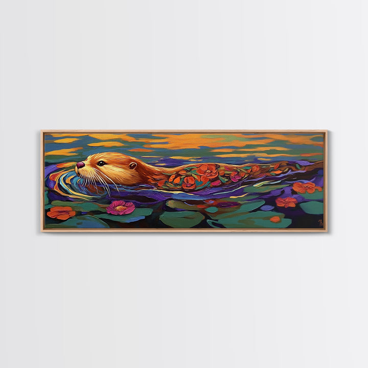 Whimsical Otter, Floral Animal, Playful River, Canvas Print, cute otter painting, animal nursery decor, boho animal print