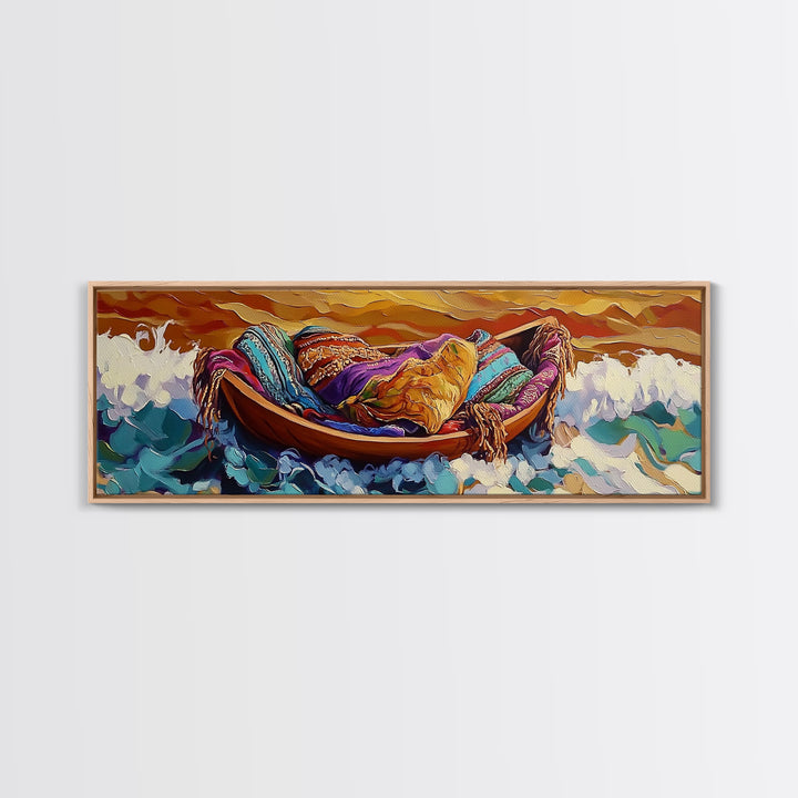 Cozy Boat, Colorful Blankets, Ocean Sunset, Serene Waves, Framed Canvas Print, Bohemian Bedroom Art, Nautical Style, Relaxation Vibe