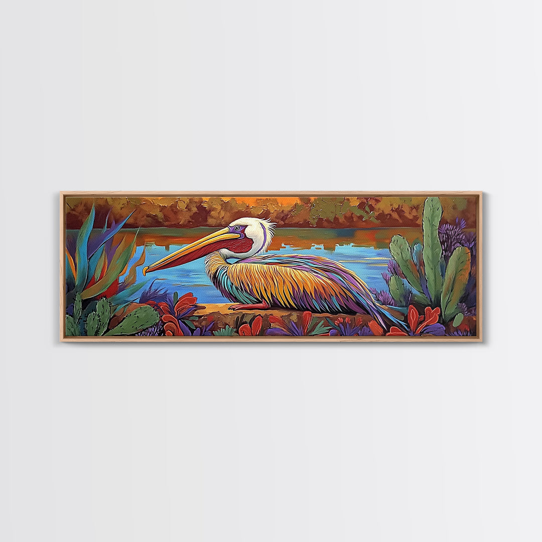 Colorful Pelican, Tropical Bird, Lake Wildlife, Autumn Palette, Framed Canvas Print, Boho Nature Wall Art, Dining Room Bird Artwork