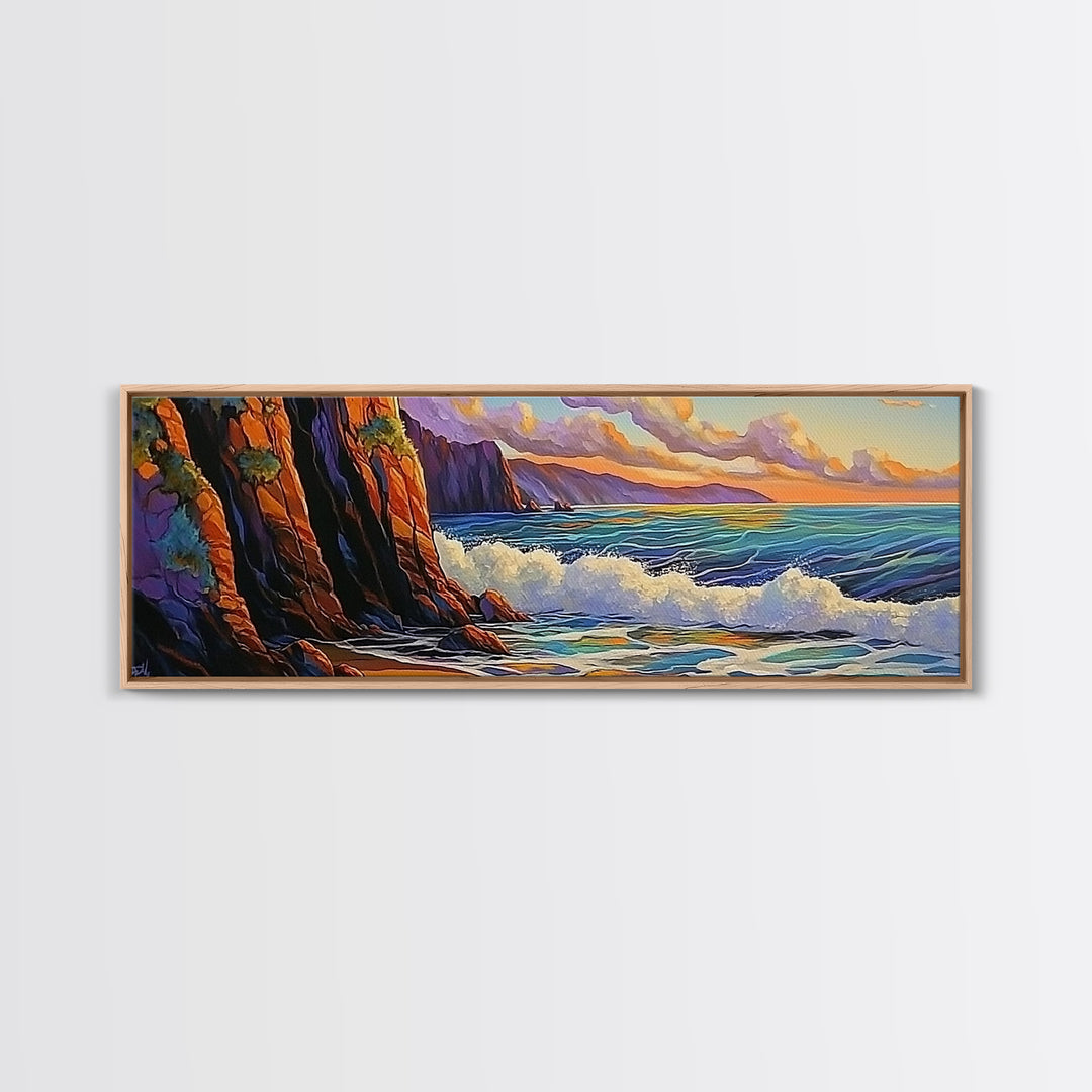 Coastal Cliff, Ocean Waves, Sunset Water, Rocky Shoreline, Framed Canvas Print, Bathroom Wall Art, Vibrant Seascape, Beach House Style