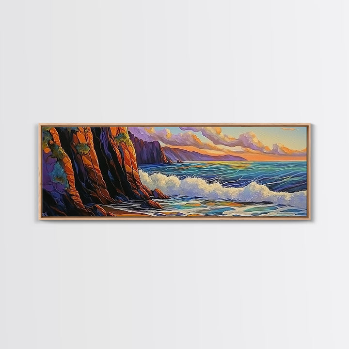 Coastal Cliff, Ocean Waves, Sunset Water, Rocky Shoreline, Framed Canvas Print, Bathroom Wall Art, Vibrant Seascape, Beach House Style