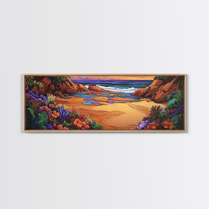 Rocky Beach Cove, Tropical Floral Ocean Art, Sunset Coastline View, Framed Canvas Print, Bathroom Wall Art, Nature Inspired Style
