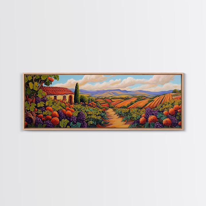 Autumn Vineyard Path, Rustic Countryside, Orange and Purple Art, Framed Canvas Print, Kitchen Wall Decor, Fall Landscape Painting
