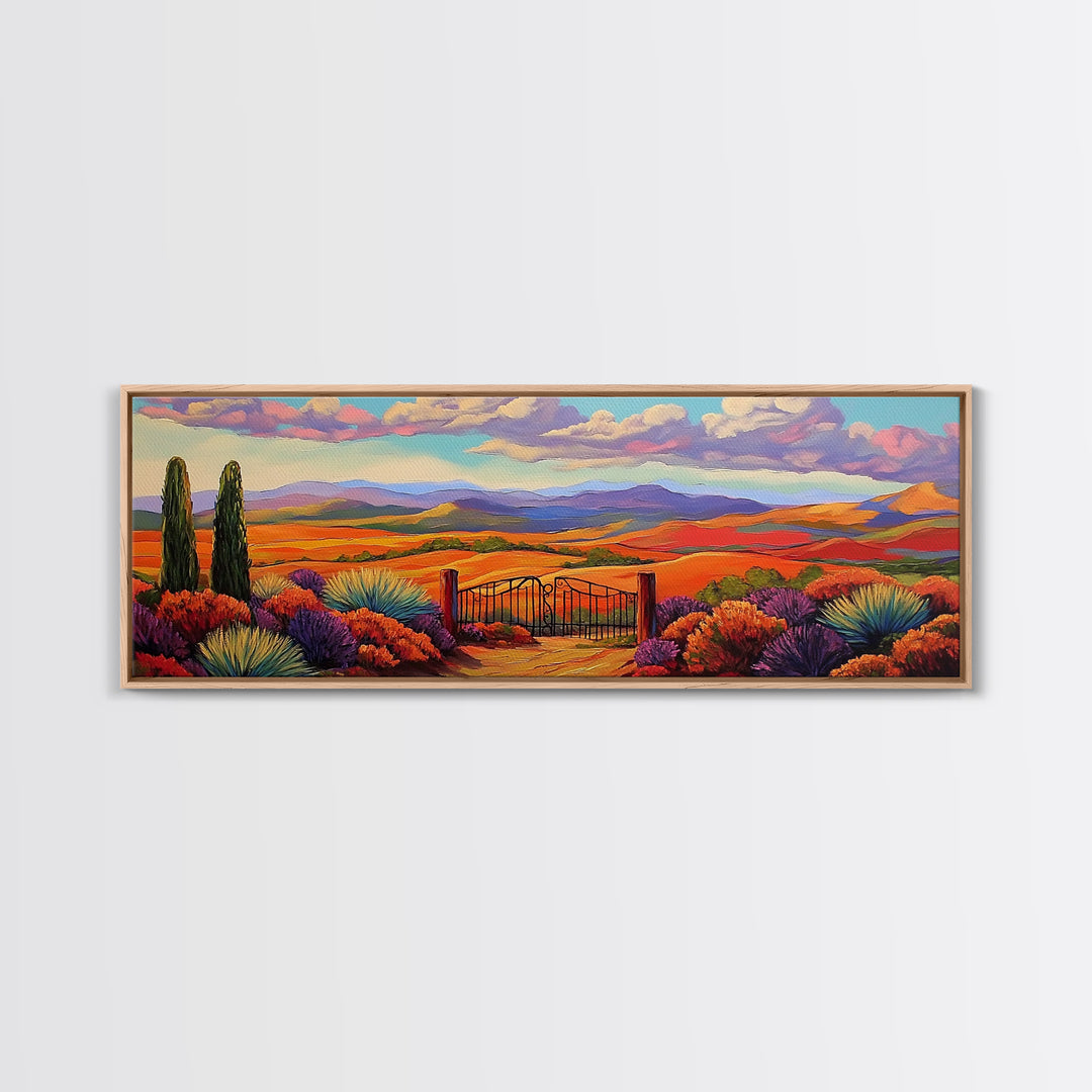 Mountain Sunset View, Western Hillside, Country Valley Gate, Framed Canvas Print, Fall Landscape Art, Rustic Farmhouse Decor
