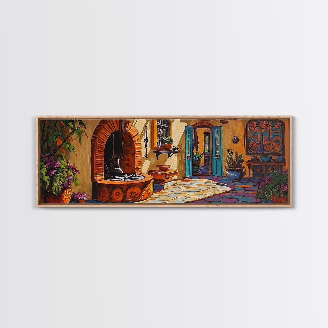 Cozy Kitchen Decor, Rustic Courtyard Art, Adobe Style, Mexican Home Wall Decor, Framed Canvas Print, Southwest Kitchen Wall Art