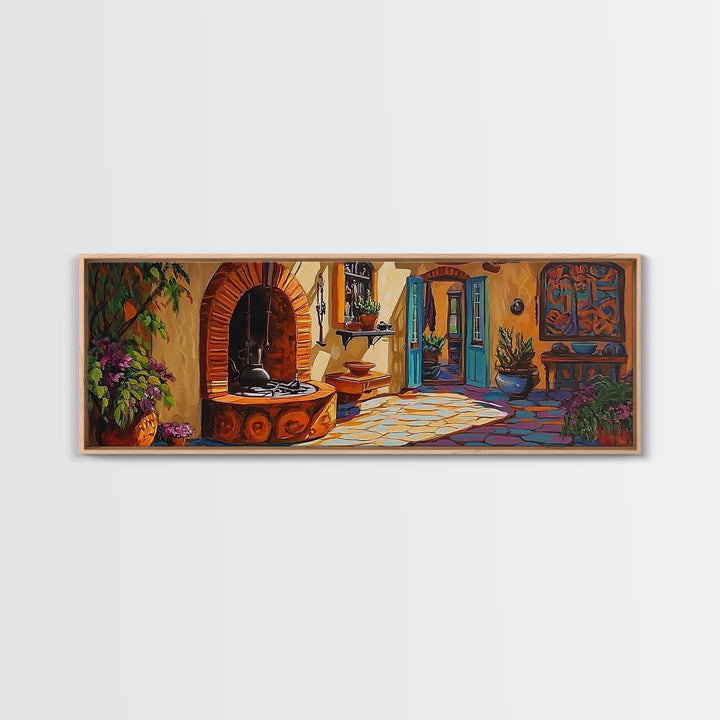 Cozy Kitchen Decor, Rustic Courtyard Art, Adobe Style, Mexican Home Wall Decor, Framed Canvas Print, Southwest Kitchen Wall Art