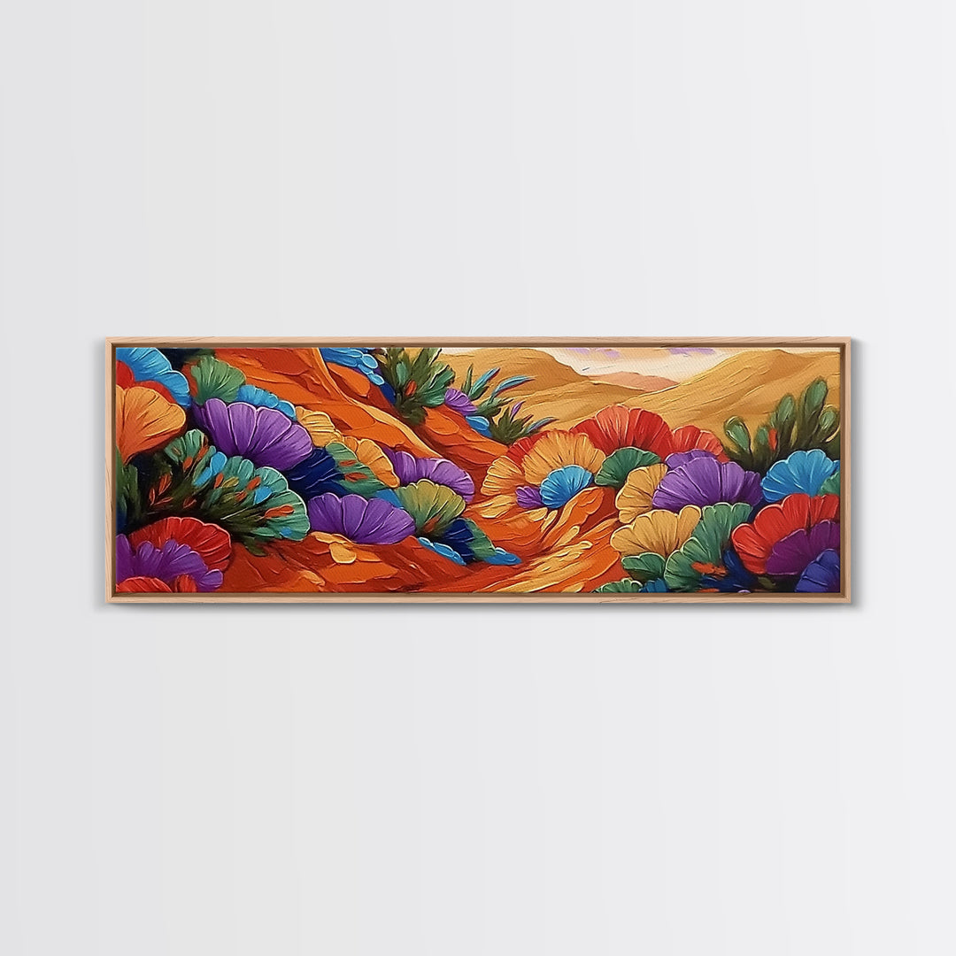 Colorful Desert Blooms, Vibrant Landscape, Boho Floral Style, Framed Canvas Print, Bedroom Wall Art, Modern Southwestern Painting