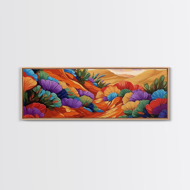 Colorful Desert Blooms, Vibrant Landscape, Boho Floral Style, Framed Canvas Print, Bedroom Wall Art, Modern Southwestern Painting