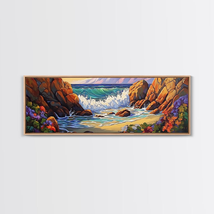 Rocky Shore Break, Ocean Cliff Scene, Seaside Escape, Framed Canvas Print, Coastal Bathroom Wall Art, Nautical Beach Decor