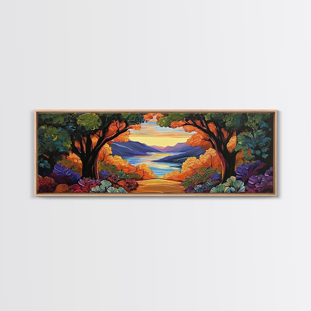 Autumn Lake View, Forest Path, Mountain Vibe, Framed Canvas Print, Fall Wall Art, Boho Landscape, Cozy Living Room Decor