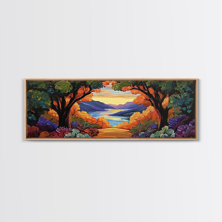 Autumn Lake View, Forest Path, Mountain Vibe, Framed Canvas Print, Fall Wall Art, Boho Landscape, Cozy Living Room Decor