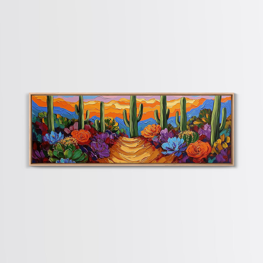 Cactus Garden Sunset, Desert Wall Art, Succulent Landscape, Framed Canvas Print, Boho Living Room Decor, Vibrant Western Style