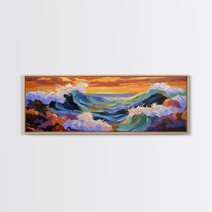 Breaking Waves Seascape, Ocean Wall Art, Sunset Coastal View, Framed Canvas Print, Nautical Living Room Decor, Beach Style