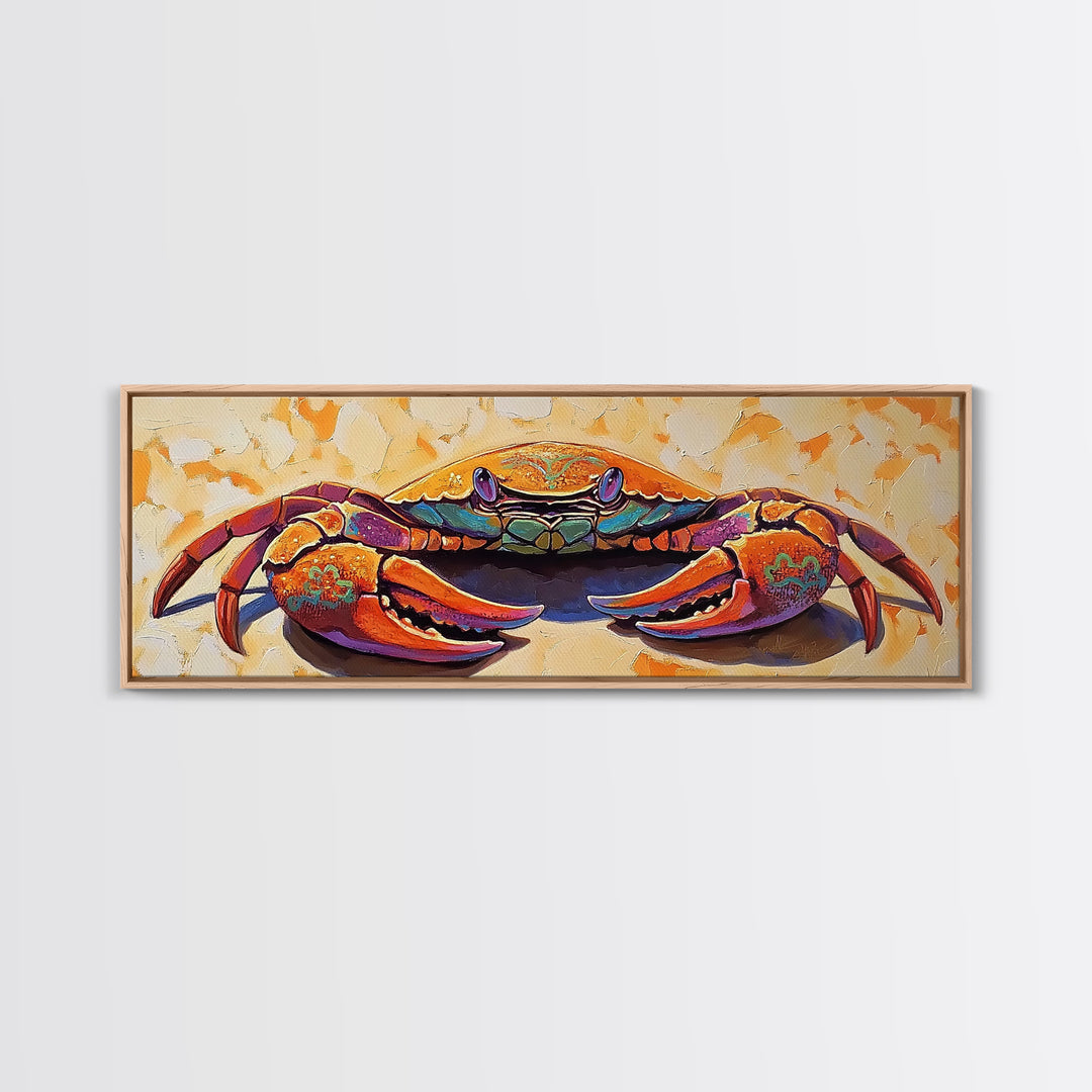 Coastal Crab Art, Beach House Decor, Nautical Vibes, Vibrant Colors Framed Canvas Print, Coastal Kitchen Wall Art, Bold Animal Painting