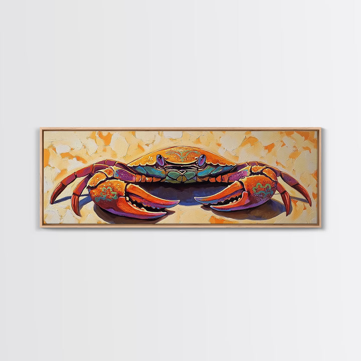 Coastal Crab Art, Beach House Decor, Nautical Vibes, Vibrant Colors Framed Canvas Print, Coastal Kitchen Wall Art, Bold Animal Painting