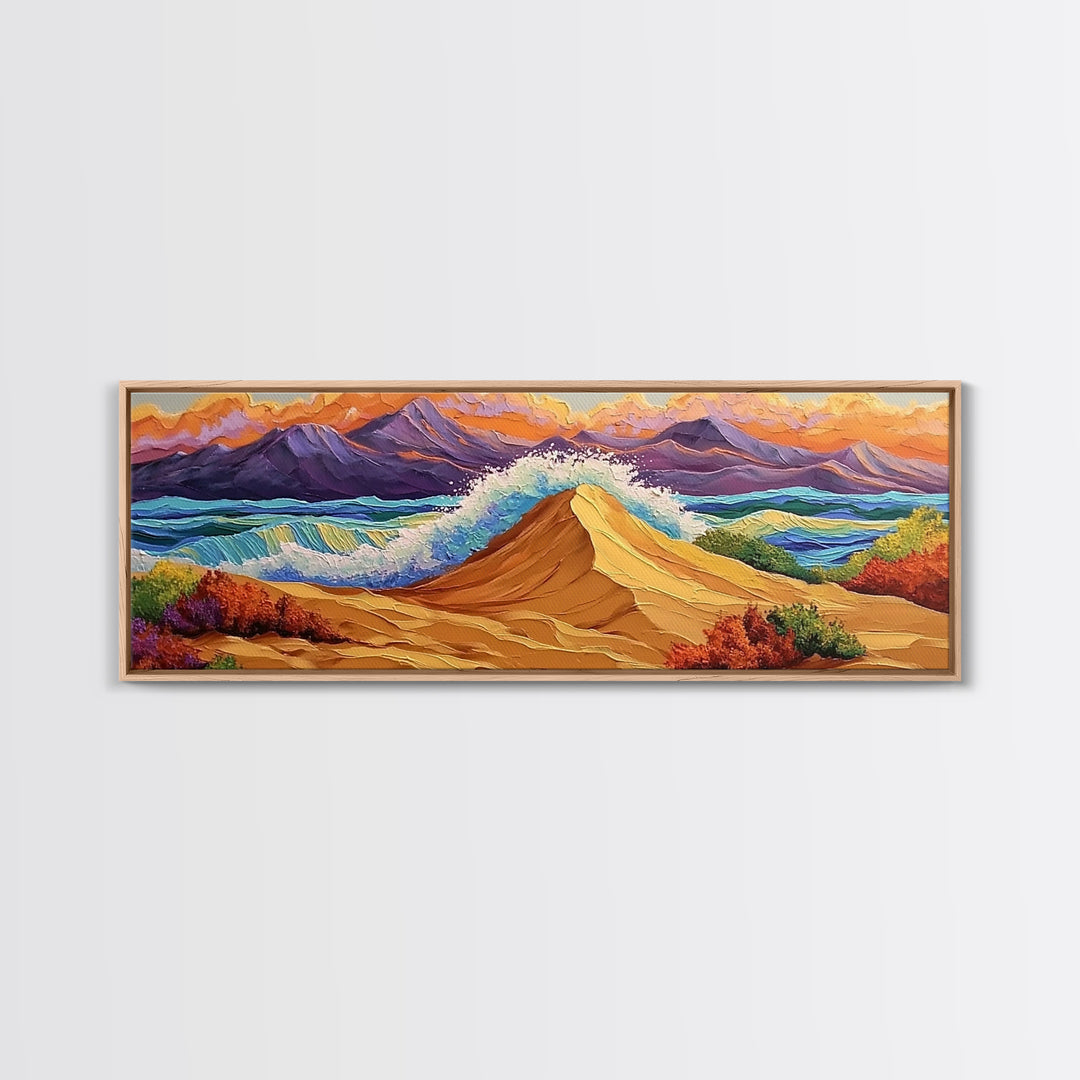 Desert Dunes, Ocean Splash, Sunset Mountains, Fall Tones Framed Canvas Print, Living Room Wall Art, Southwest Colorful Art