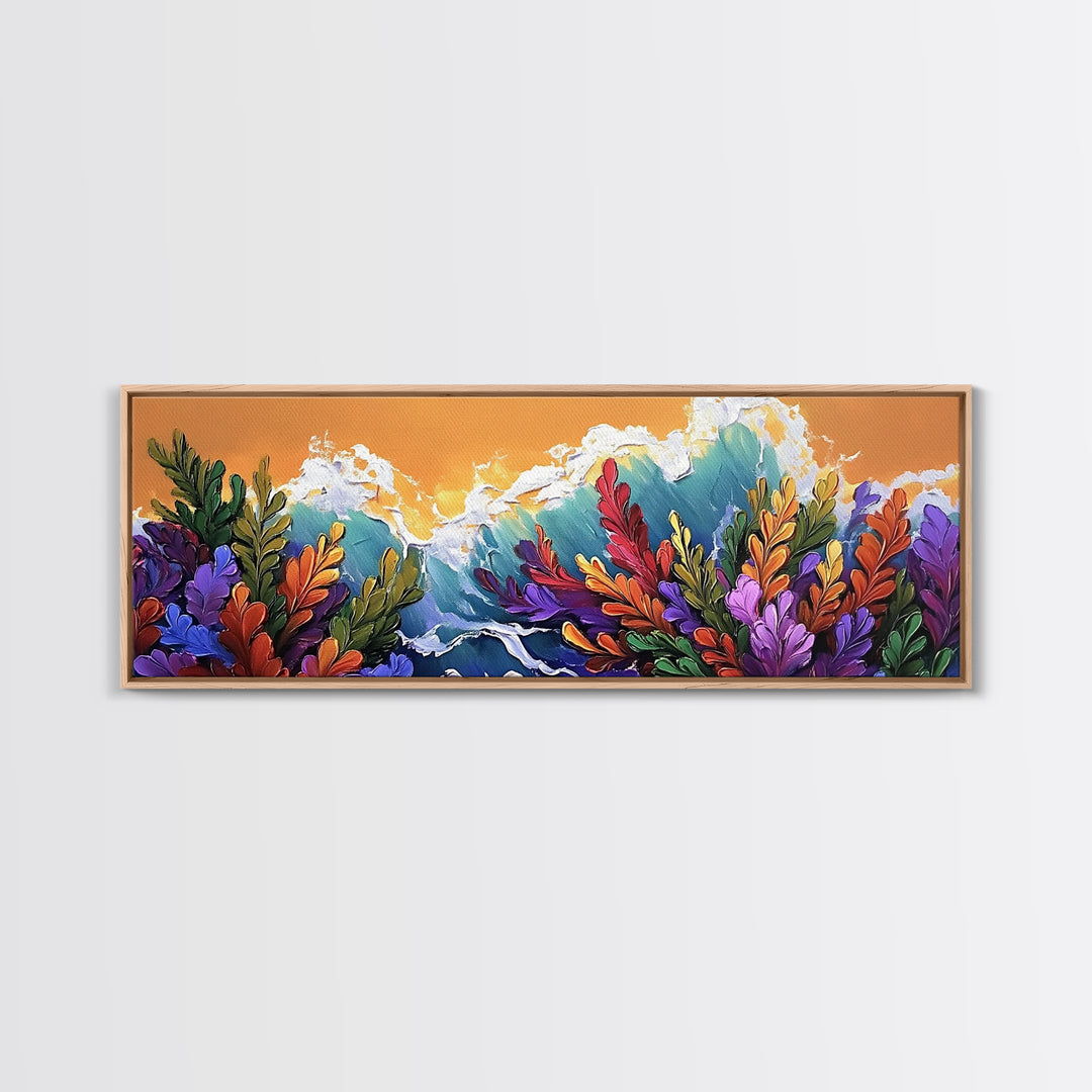 Ocean Blooms, Sunset Waves, Colorful Florals, Seaside Garden, Framed Canvas Print tropical living room wall art, coastal print