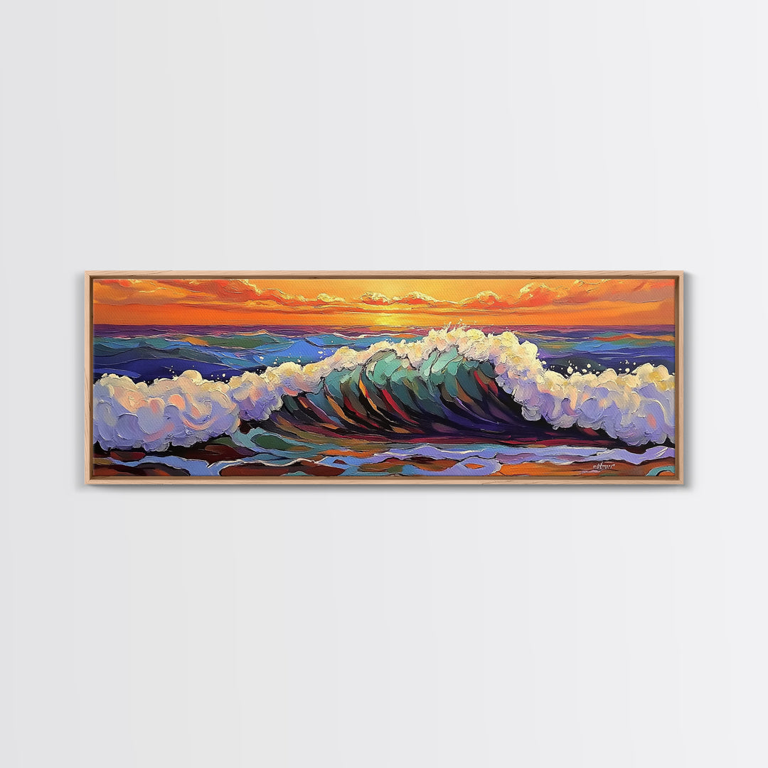 Breaking Wave Art, Sunset Ocean Surf, Bold Seaside Motion, Vibrant Coastal Palette, Framed Canvas Print, Bathroom Beach Decor
