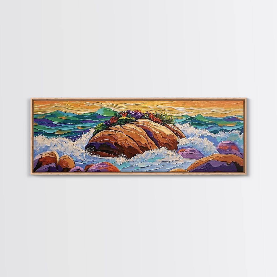 Rocky Shoreline Scene, Vibrant Sea Garden, Coastal Wave Power, Nature Texture Painting, Framed Canvas Print, Ocean Lover Wall Art