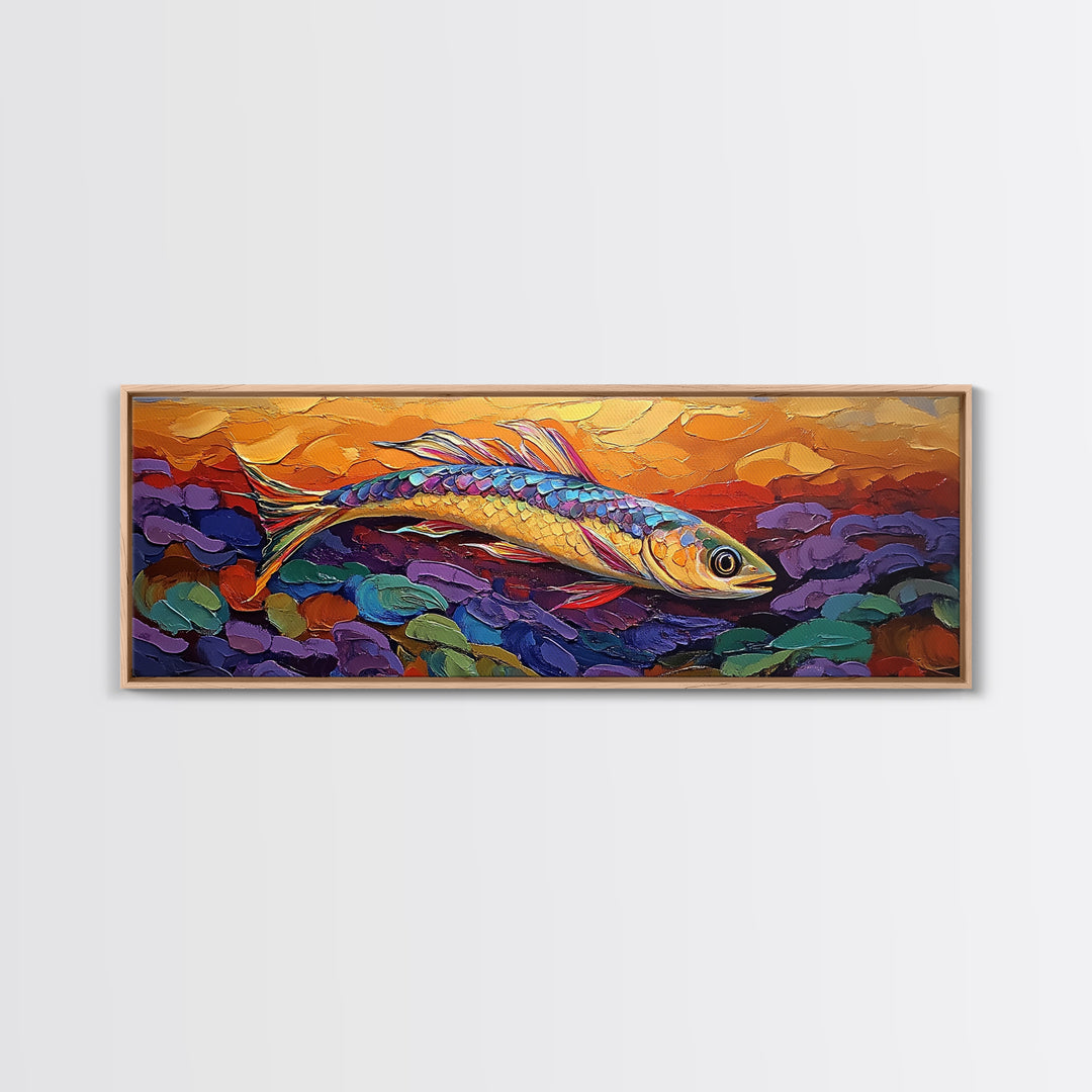 Colorful Fish Painting, Vibrant Sea Life, Abstract Ocean Creature, Marine Fantasy Style, Framed Canvas Print, Kids Room Underwater Art