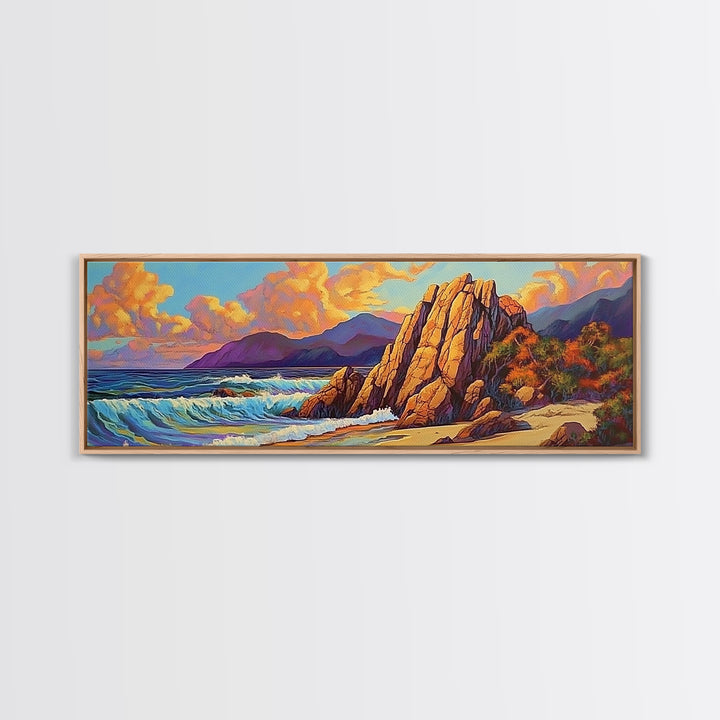 Coastal Rocks, Ocean Cliffs, Sunset Clouds, Canvas Print, Bold Seascape Wall Art, Living Room Fall Decor, Nature Inspired Aesthetic