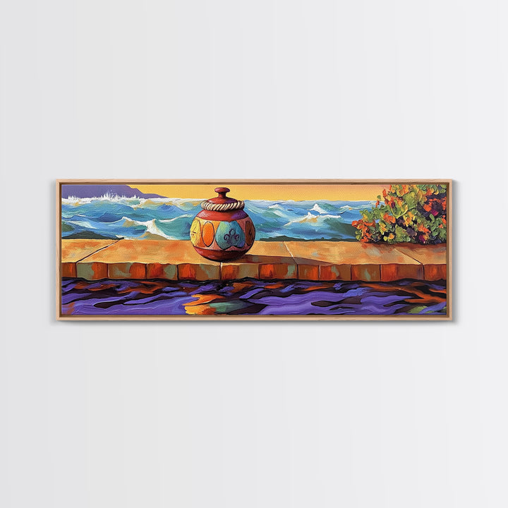 Ocean Vase Scene, Coastal Pottery Painting, Serene Sunset Dock, Beachfront Wall Style, Framed Canvas Print, Nautical Bathroom Art