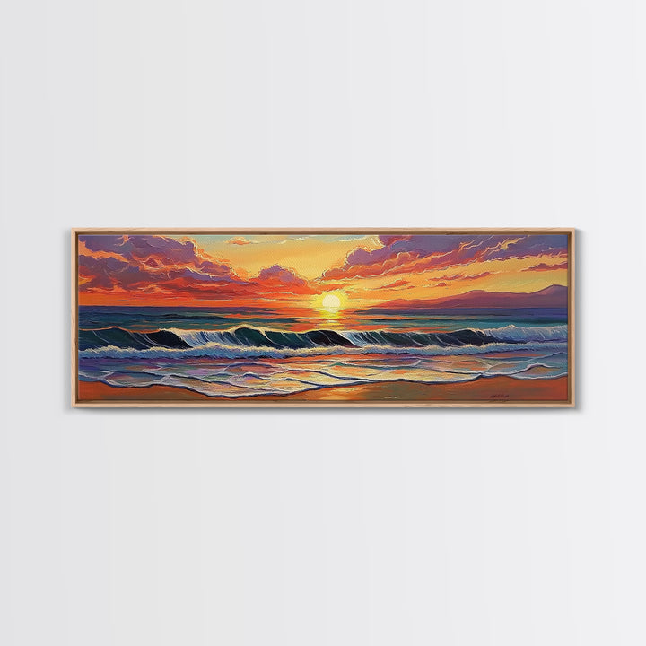 Crashing Sunset Waves, Ocean Horizon Art, Coastal Abstract Painting, Framed Canvas Print, Colorful Living Room Wall Art, Beach Vibes