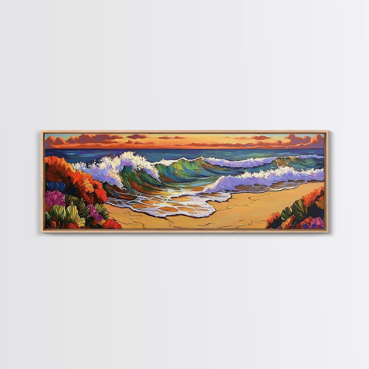 Ocean Curl, Autumn Surf, Sunset Beach, Floral Waves, Framed Canvas Print, Living Room Wall Art, Fall Coastal Painting, Bold Decor