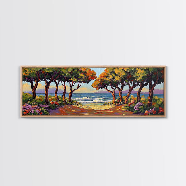 Coastal Trees, Ocean View, Beach Path, Vibrant Foliage, Framed Canvas Print, beach house decor, nature wall art, coastal living room style