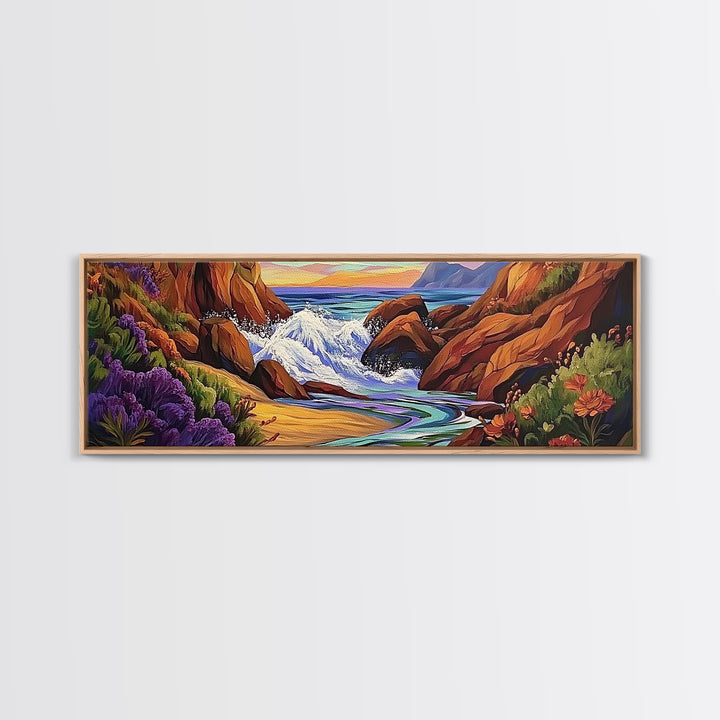 Rocky Shore, Ocean Splash, Sunset Cove, Botanical Scene, Framed Canvas Print, vibrant coastal wall art, beach bathroom decor, ocean vibe