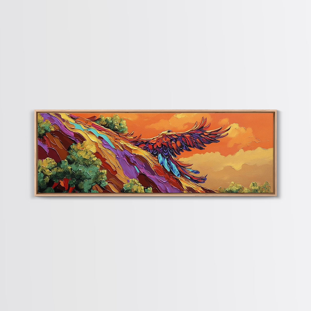 Phoenix Soar, Sunset Flight, Bold Nature, Uplifting Vibes, Framed Canvas Print, Boho Office Wall Art, Inspirational Bird Painting