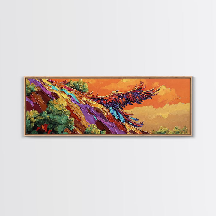 Phoenix Soar, Sunset Flight, Bold Nature, Uplifting Vibes, Framed Canvas Print, Boho Office Wall Art, Inspirational Bird Painting
