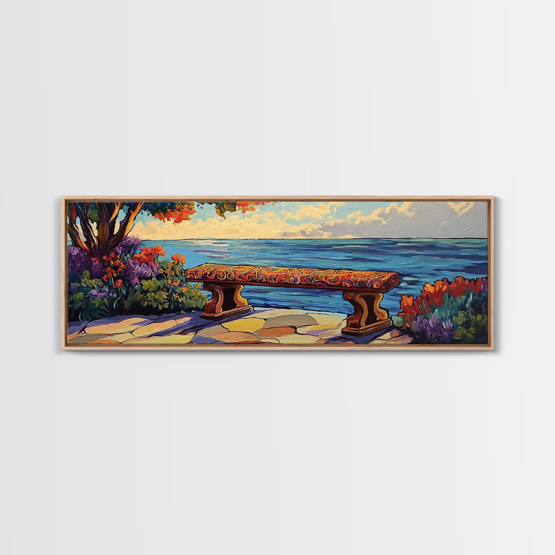 Ocean Bench Scene, Tranquil Moment, Sunset by Sea, Nature Retreat, Canvas Print, Beach House Decor, Impressionist Coastal Wall Art