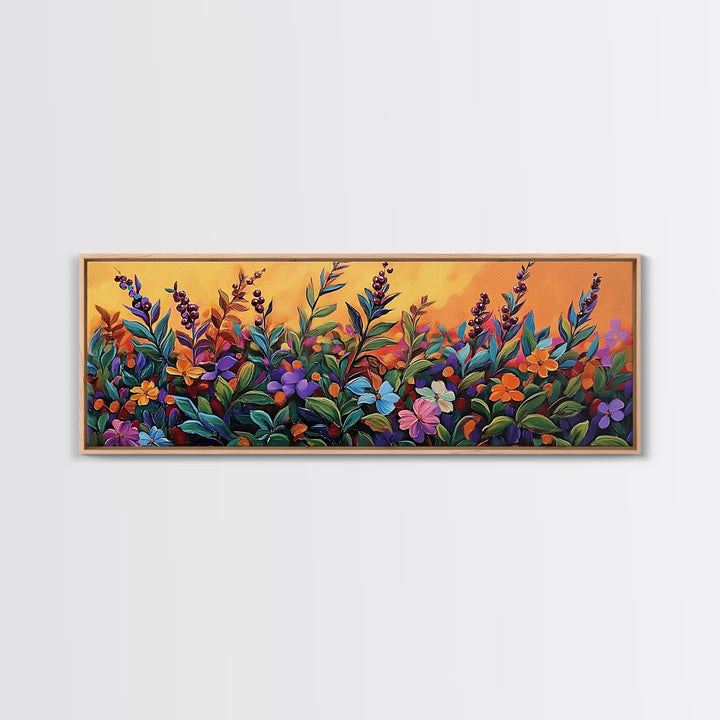 Autumn Garden Flowers, Orange Sky, Bold Leaves, Seasonal Blooms, Canvas Print, Fall Kitchen Wall Art, Botanical Color Pop
