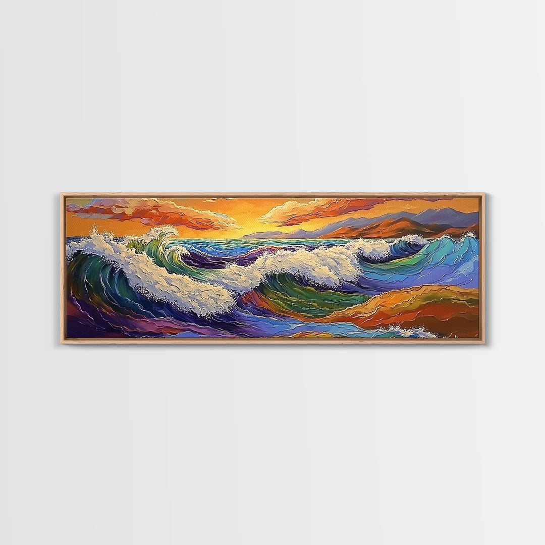 Crashing Waves, Vibrant Seascape, Ocean Energy, Coastal Sunset, Framed Canvas Print, Beach House Decor, Modern Nautical Art