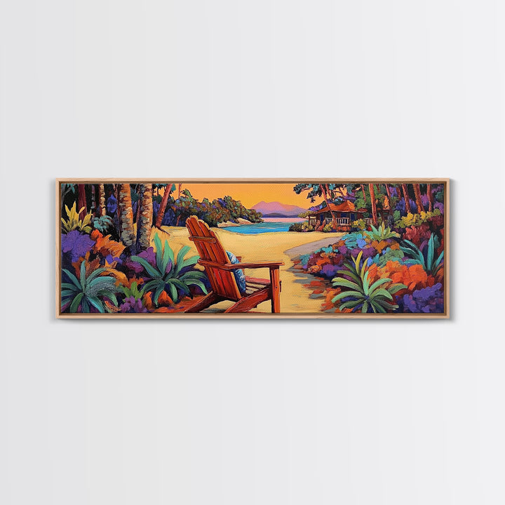 Peaceful Beach Chair, Vibrant Sunset Retreat, Tropical Escape Wall Art, Framed Canvas Print, Vacation Home Decor, Boho Island Artwork