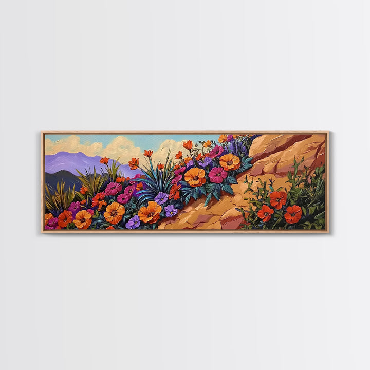 Coastal Flowers, Sunset Hillside, Wildflower Art, Framed Canvas Print, Vibrant Landscape Wall Decor, Living Room Boho Wall Art