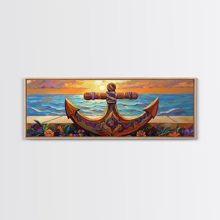 Anchor Seaside Art, Nautical Sunset, Framed Canvas Print, Coastal Home Decor, Ocean Lover Gift, Beach Living Room Wall Art