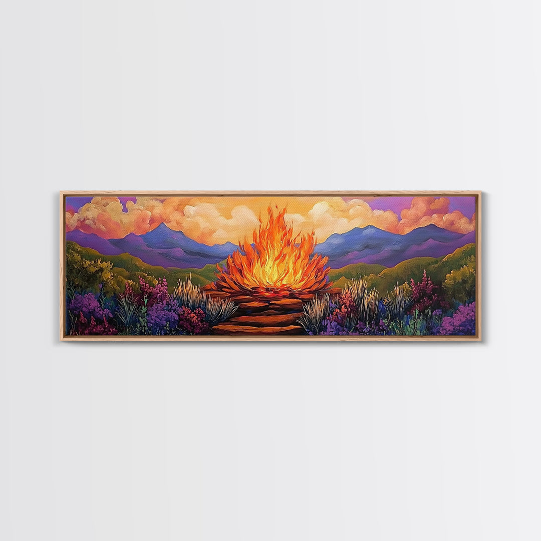 Dramatic Bonfire Night, Vibrant Flame in Hills, Scenic Nature Wall Art, Framed Canvas Print, Fall Lodge Decor, Rustic Landscape Artwork
