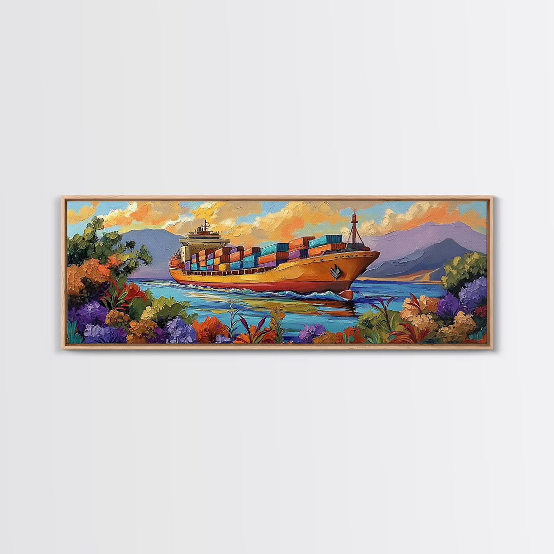 Coastal Cargo Ship, Vibrant Ocean Painting, Nautical Decor, Container Ship Art, Canvas Print, Modern Seascape, Office Wall Art, Boho Art