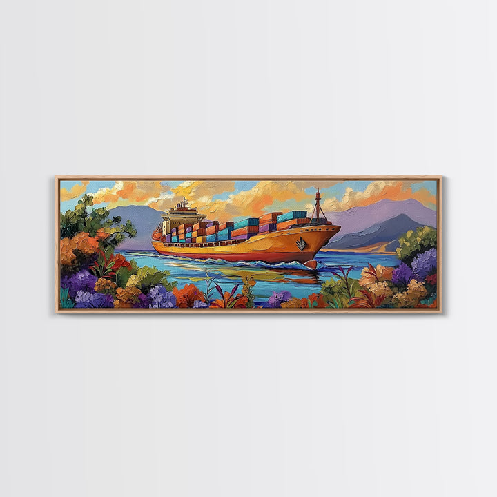 Coastal Cargo Ship, Vibrant Ocean Painting, Nautical Decor, Container Ship Art, Canvas Print, Modern Seascape, Office Wall Art, Boho Art