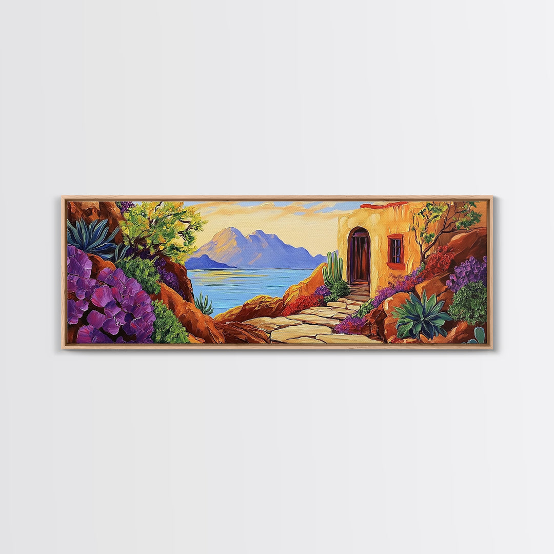 Adobe House View, Desert Coastal Path, Southwest Landscape, Mountain Ocean Art, Canvas Print, Kitchen Wall Art, Warm Boho Style