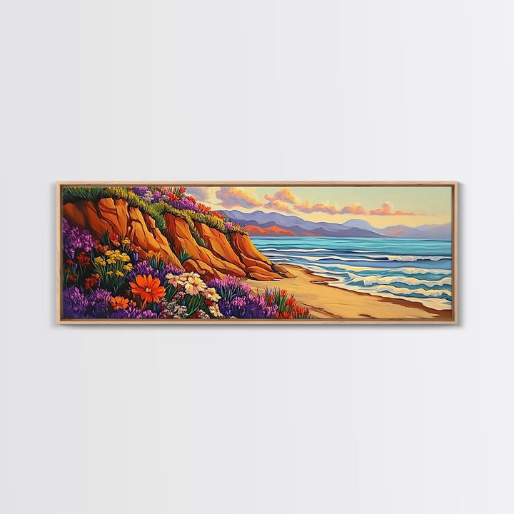 Cliffside Flowers, Ocean Waves, Sunset Coast, Canvas Print, Vibrant Coastal Wall Art, Bedroom or Bathroom Decor, Bohemian Beach Art